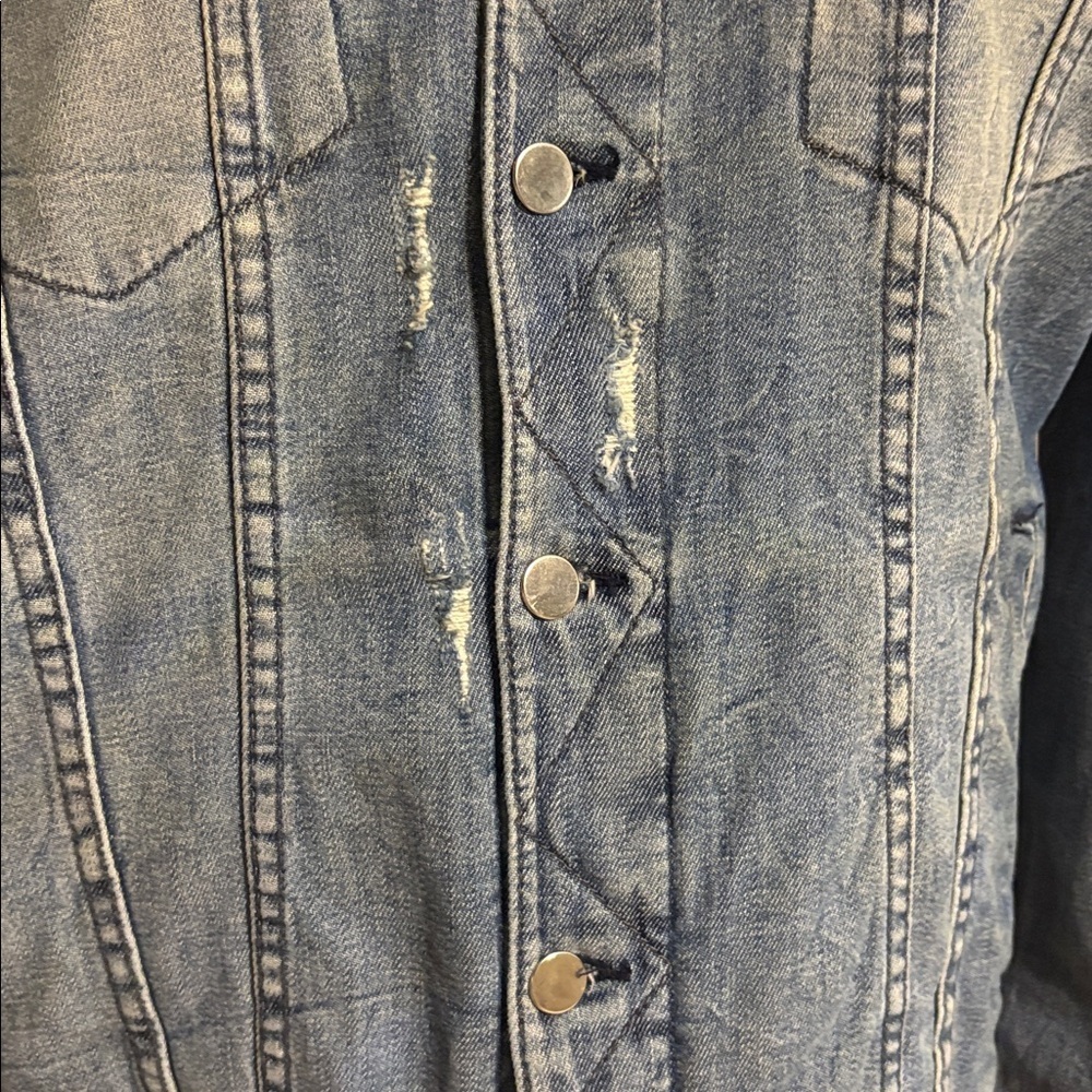 Guess women’s Rex Blue Denim Jacket Leopard faux fur Collar / back fur dice L - Picture 6 of 16